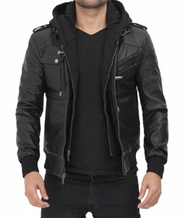 Men's Hooded Black Bomber Leather Jacket